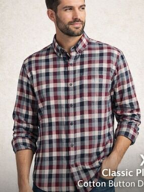 Haggar Plaid Button Down Shirt XL Burgundy Gray Cotton Long Sleeve